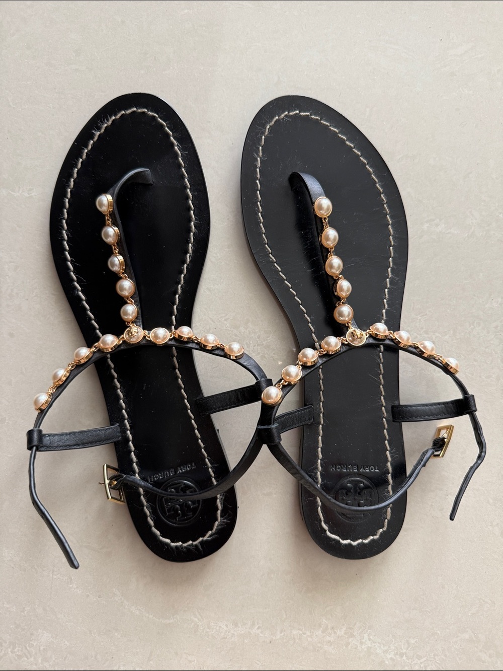 Tory Burch Emmy Black Leather T-Strap Sandals With Pearl Trim